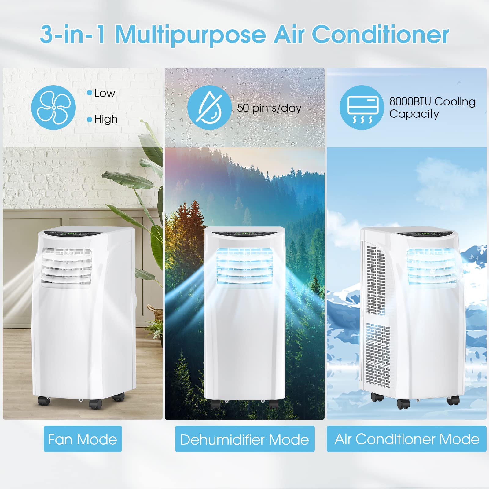 Costway Portable Air Conditioners, 8000 Btu Air Conditioner Unit Spaces Up To 230 Sq.Ft With Remote Control Dehumidifier Functio